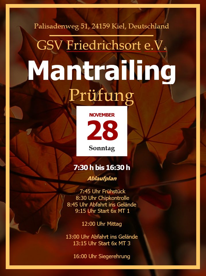 %GSV-Friedrichsort Zeitplan Mantrailing Prüfung 27.11.-28.11.2021